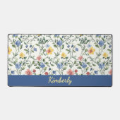 Blauw Geel Aquarel Wilde Bloem Monogram Naam Bureaumat (Voorkant)