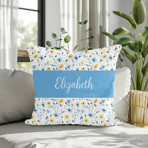 Blauw Geel Aquarel Wilde Bloem Monogram Naam Kussen