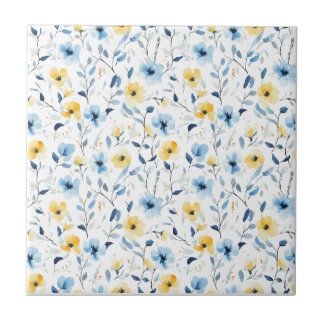 Blauw Geel Aquarel Wilde Bloem Tegeltje