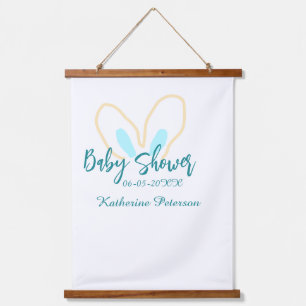 Blauw geel baby shower naam datum dier oor cute hangend wandkleed