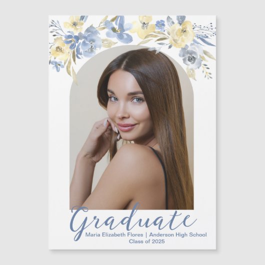 Blauw Geel Bloemen Afstuderen Fotomagneet Kaart (Voorkant)