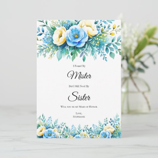 Blauw Geel Bloemen Bruids Partij Voorstel Kaarten (Staand voorkant)