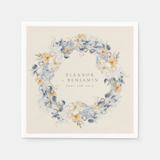 Blauw Geel Bloemen Waterverf Krans Bruiloft Servet (Voorkant)