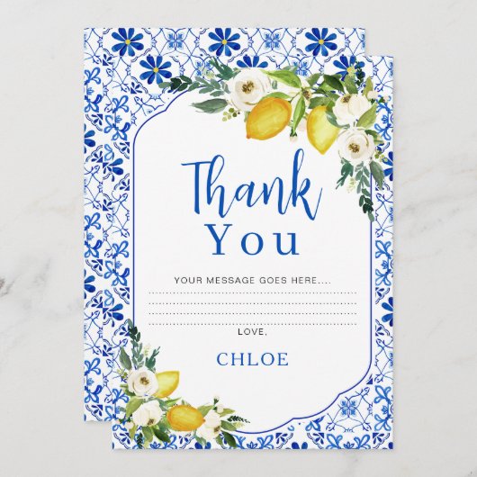 Blauw Geel Bloemig Citroen Bruids Trouw Dankkaart Kaart (Voorkant / Achterkant)