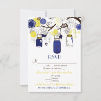 Blauw & Geel Bloemstuk Mason Jars RSVP Trouwkaart