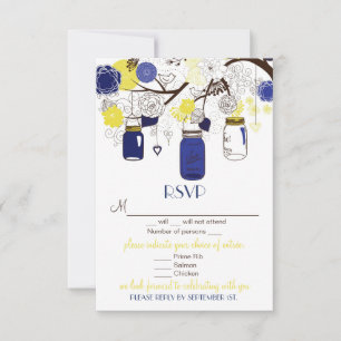 Blauw & Geel Bloemstuk Mason Jars RSVP Trouwkaart Kaartje