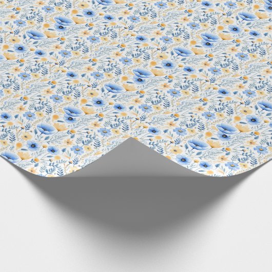 Blauw Geel Boho Bloemig Baby Shower Verjaardag  Cadeaupapier (Hoek)