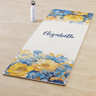 Blauw Geel Botanische Waterverf Bloemen Yogamat