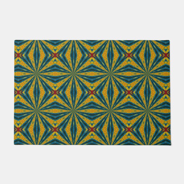 Blauw & Geel Custom Size Tribal Dog Feeding Mat (Voorkant)