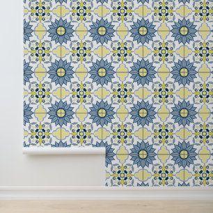 Blauw & Geel Delfts Bloemen Tegel Patroon Behang
