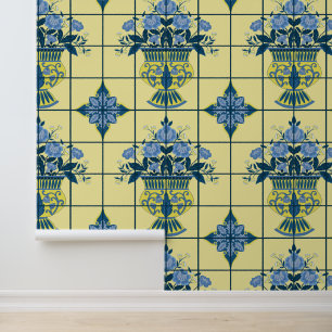 Blauw & Geel Delfts Bloemenarrangement Tegel Behang