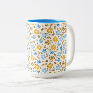 Blauw Geel Elegant Boerderij Bloemmotief Tweekleurige Koffiemok