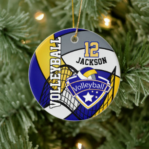 Blauw, geel en grijs Volleybal Logo Keramisch Ornament