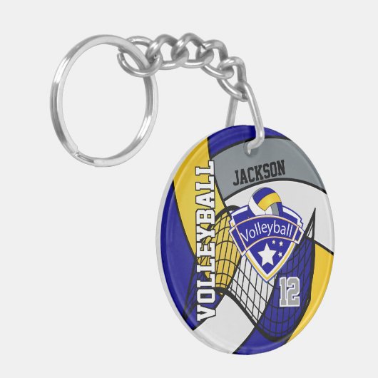Blauw, geel en grijs Volleybalontwerp Sleutelhanger (Voorkant Links)