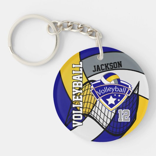 Blauw, geel en grijs Volleybalontwerp Sleutelhanger (Voorkant)