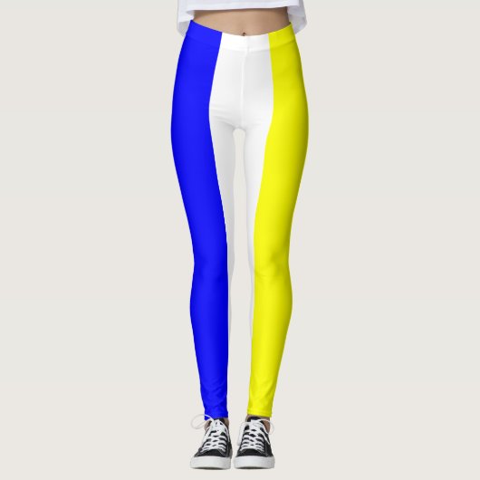 Blauw geel en wit, verticaal gestreept leggings (Voorkant)