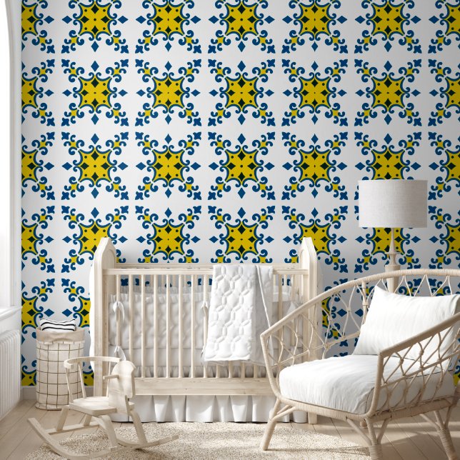 Blauw Geel Fleur De Lis Azulejo Patroon Behang (Kinderen)