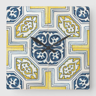 Blauw Geel Geometrische Bloem Tegels Kunst Vierkante Klok