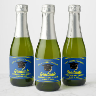Blauw Geel Graduation Party Custom Afstuderen Sparkling Wijnetiket