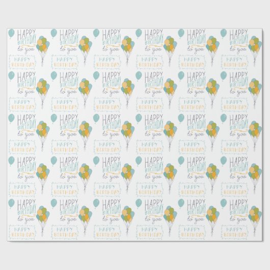 Blauw Geel Groen Gelukkige Verjaardagsballonnen Cadeaupapier (Vlak)