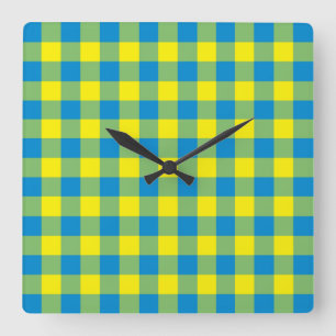 Blauw Geel Groen Plakken Checker Patroon Vierkante Klok