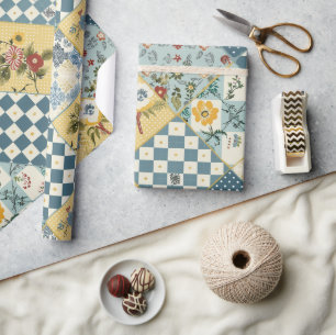 Blauw Geel Groen Quilt Gingham Cottagecore Bloemmo Cadeaupapier