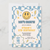 Blauw Geel Groovy Glimlach Geruit Retro Verjaardag Kaart (Voorkant)