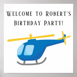 Blauw Geel Helikopter Verjaardagsfeest Poster