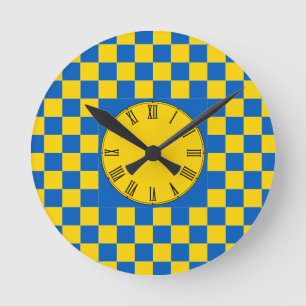 Blauw & Geel kleurenvierkant / aangekruiste patroo Ronde Klok