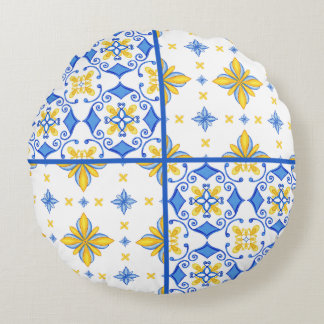 Blauw Geel Mediterraan Tegel Patchwork Rond Kussen