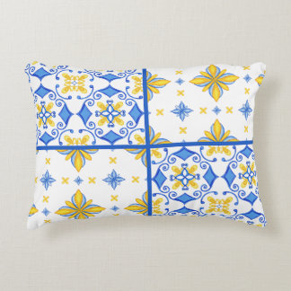 Blauw Geel Mediterraan Tegeltje Patchwork Accent Kussen