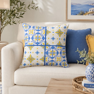 Blauw Geel Mediterraan Tegeltje Patchwork Kussen