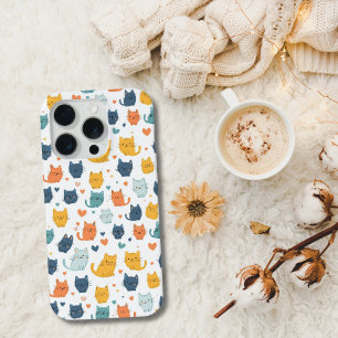 Blauw Geel Oranje Kawaii Kat Patroon Kat Liefhebbe iPhone 15 Pro Hoesje