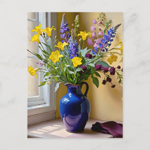 Blauw Geel Paarse Bloemen Kunst Briefkaart
