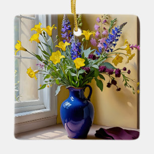 Blauw Geel Paarse Blooms Art Keramisch Ornament