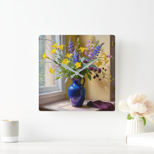 Blauw Geel Paarse Blooms Art Vierkante Klok