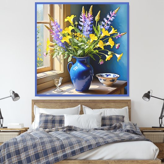 Blauw Geel Paarse Boeket Art Canvas Afdruk (Insitu (Slaapkamer))