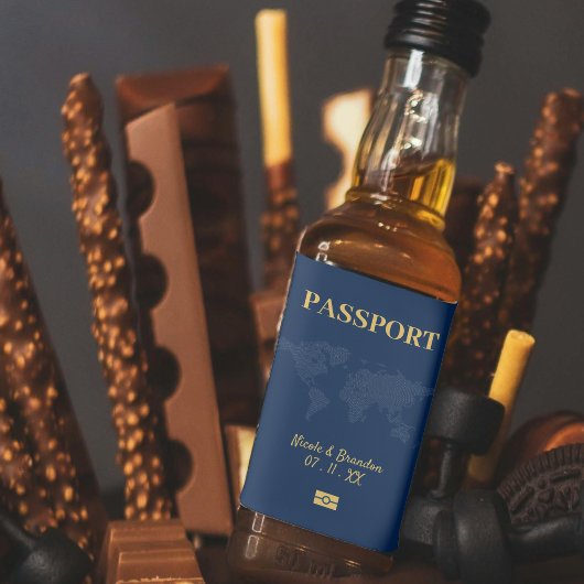 Blauw & Geel Paspoort Bestemming Bruiloft Likeurfles Etiket