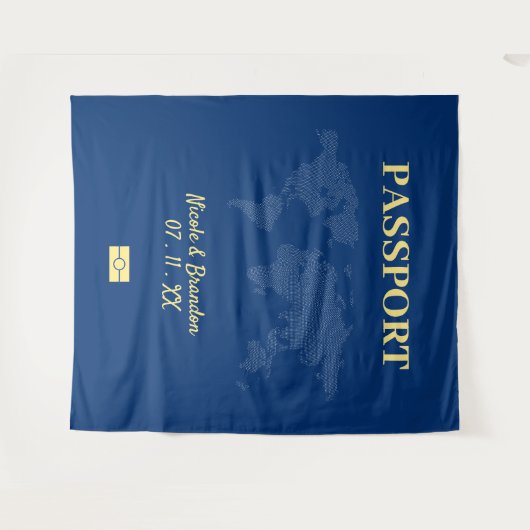 Blauw & Geel Paspoort Bestemming Bruiloft Wandkleed (Voorkant (horizontaal))