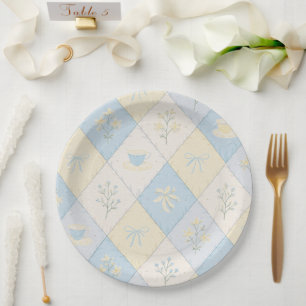 Blauw & Geel Patchwork Patroon Cute Baby Shower Papieren Bordje