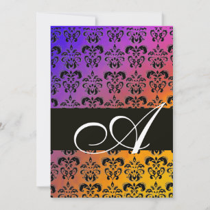 BLAUW GEEL PURPER ZWART DAMASK MONOGRAM ,wit Kaart