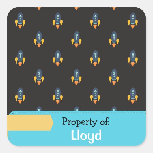 Blauw Geel Rocket Space Patroon Gepersonaliseerd Vierkante Sticker (Voorkant)