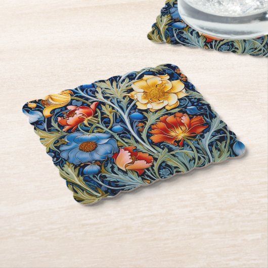 Blauw Geel Rood Bloemen William Morris Style Kartonnen Onderzetters (Gebogen)