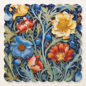 Blauw Geel Rood Bloemen William Morris Style Kartonnen Onderzetters (Voorkant)