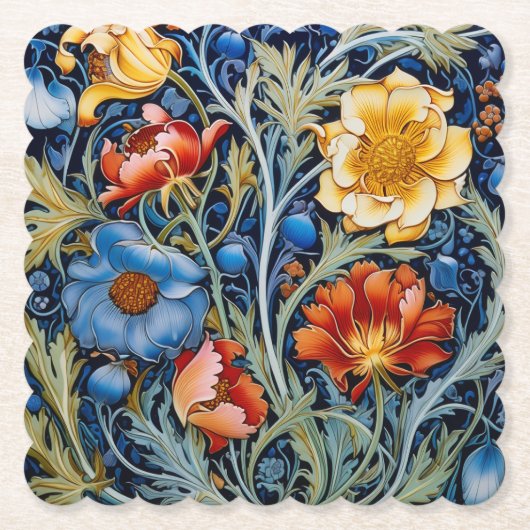 Blauw Geel Rood Bloemen William Morris Style Kartonnen Onderzetters (Voorkant)