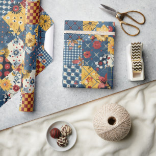 Blauw Geel Rood Quilt Gingham Cottagecore Bloem Cadeaupapier