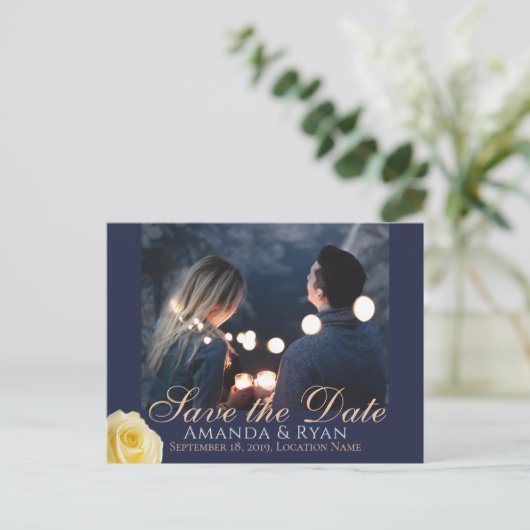 Blauw Geel Rose Fotobruiloft Save the Date Aankondigingskaart (Staand voorkant)
