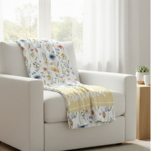 Blauw Geel Roze Aquarel Wilde Bloem Naam Fleece Deken