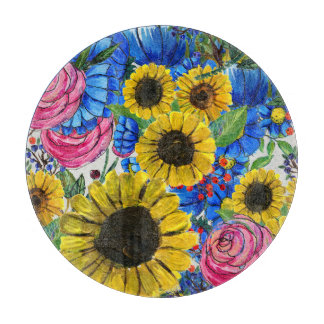 Blauw Geel Roze Bloemen Naadloos Snijplank
