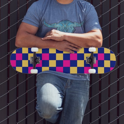 Blauw Geel Roze Geruit Patroonontwerp Skateboard (Buiten 3)